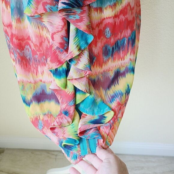 Anthropologie Maude Halter Dress Ruffles Elastic Waist Beach Colorful Flaw - Picture 3 of 12